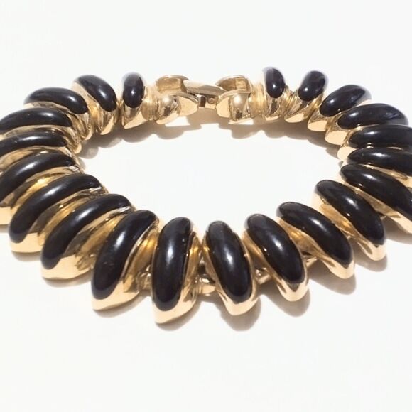 Vintage Erwin Pearl Gold Tone Black Enamel Chunky Link Bracelet - Picture 1 of 8